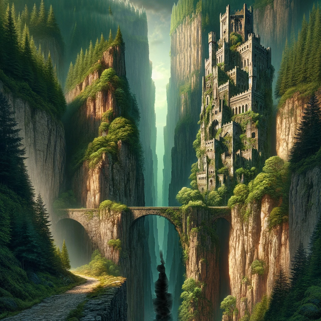 A forested stone bridge leading to a cliffside castle in the Chasm.