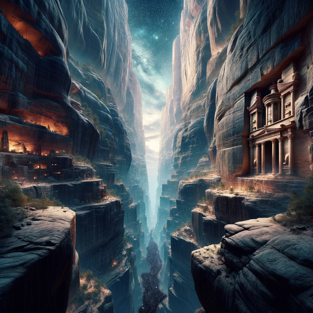 Star-lit Chasm cliffs containing carved cities and monumental facades.