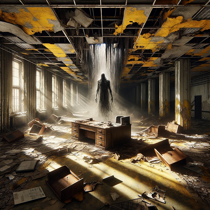 A ruined yellow-ceiling office with debris and a dark floating humanoid figure.