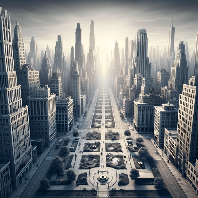 A monumental monochrome city of soaring towers lining a long formal avenue.